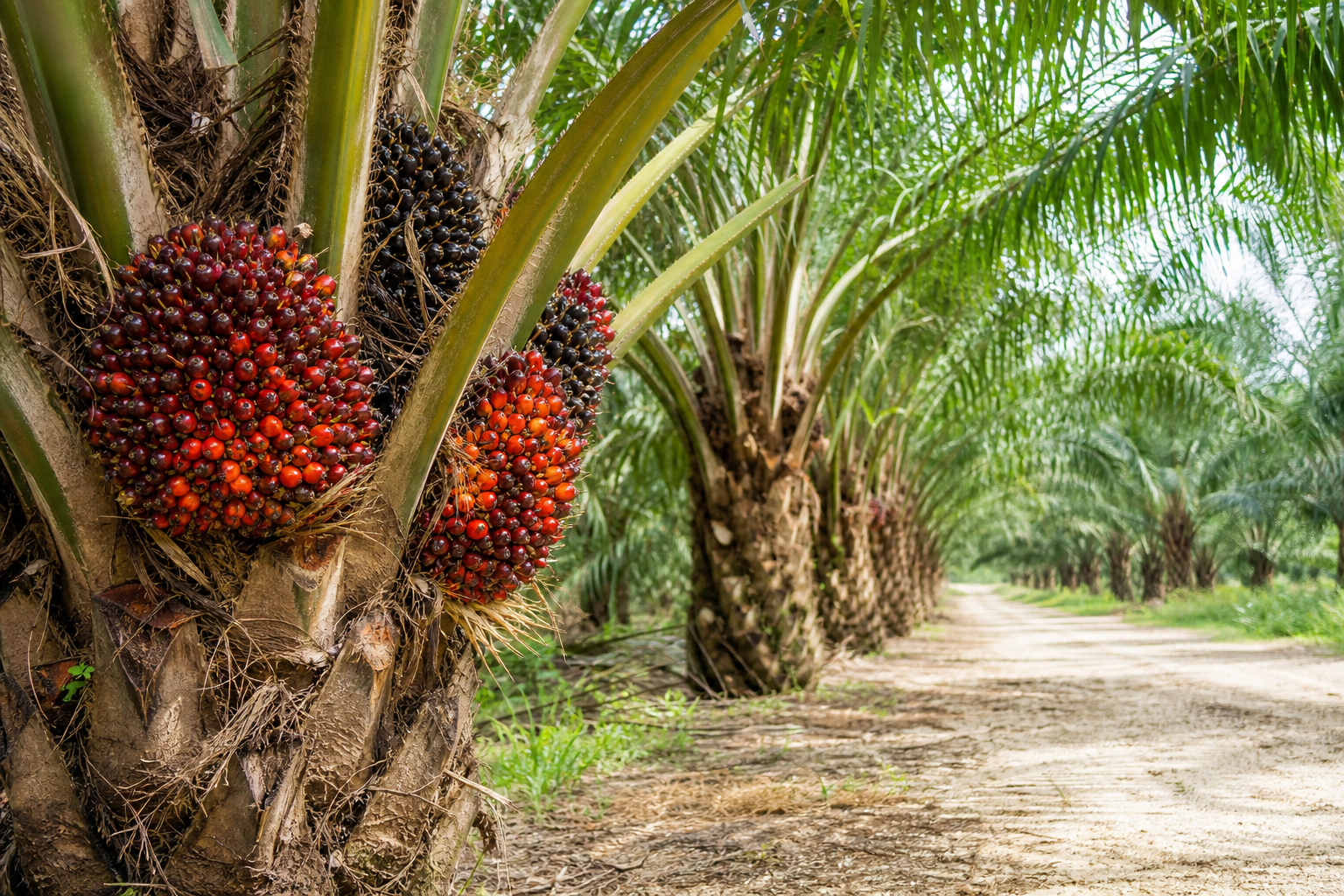 Ladang kelapa sawit dengan tandan buah masak